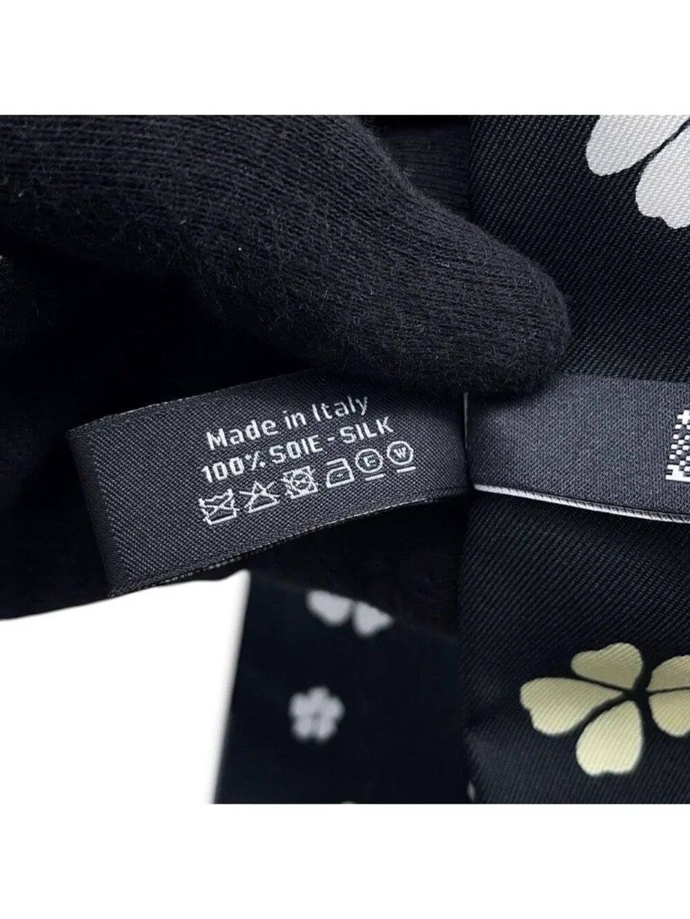 Chanel 26B Scarf CC Logo Flower Silk Black White